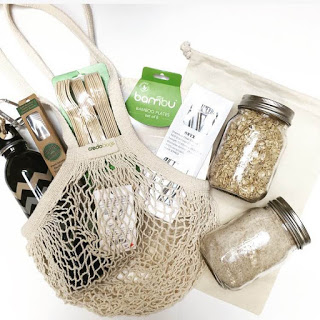 A picture of zero waste switches including mason jars and a reusable produce bag