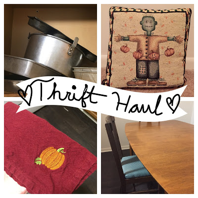 collage of four items bought from a thrift store, the words thrift haul are located in the center
