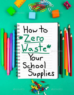 green background with various colorful school supplies such as pencils, rulers, and paperclips, words say How to Zero Waste Your School Supplies across the middle