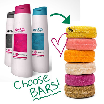 picture of plastic shampoo bottles next to a stack of shampoo bars, suggesting that you should choose the bars over the bottle