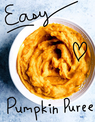 A picture of a bowl of orange fresh pumpkin puree with the words Easy Pumpkin Puree around the bowl