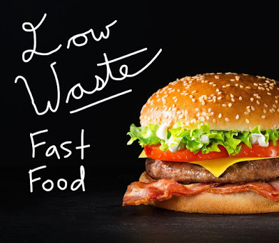 A photo with a cheeseburger on a black background with the words Low Waste Fast Food