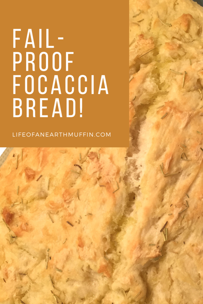 A close up picture of a loaf of rosemary focaccia bread with the text Fail-proof Focaccia Bread across it