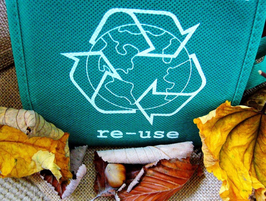 A picture of a bag with a recycle symbol on it