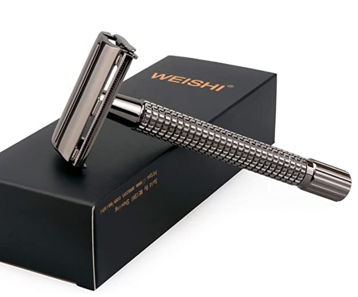 A picture of a metal safety razor