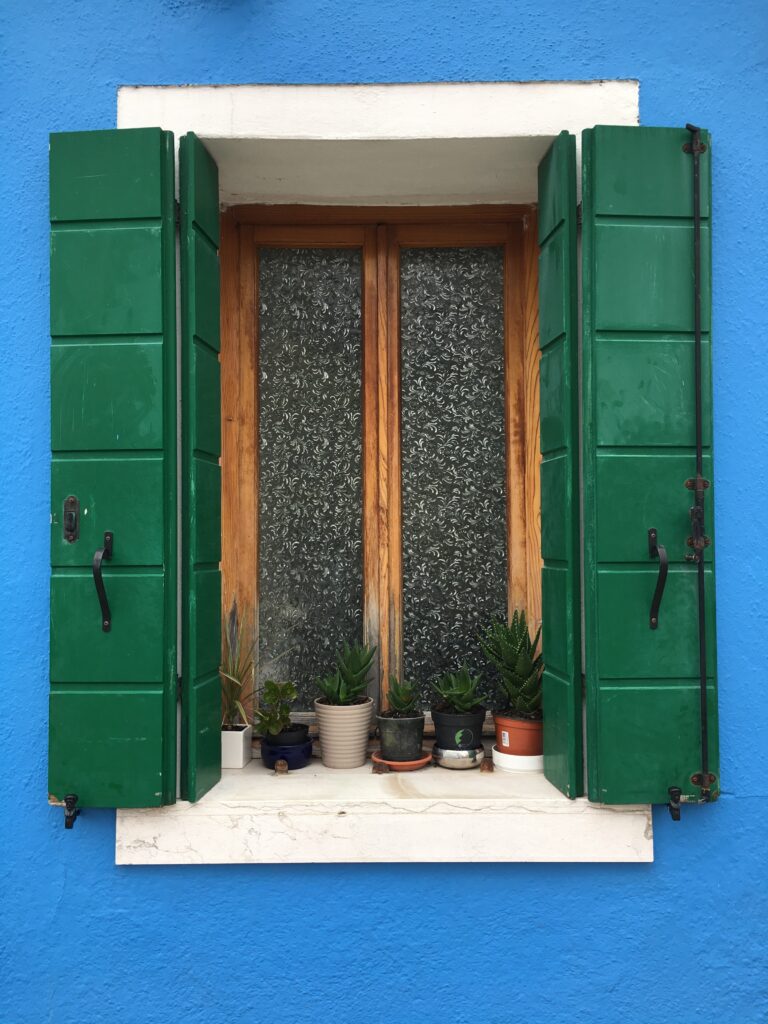 A picture of a blue wall with a window, with succulents on the windowsill