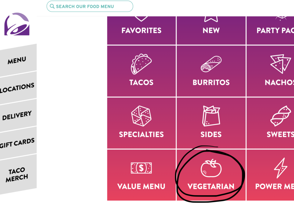 A picture of Taco Bell's online menu, featuring the vegetarian tab