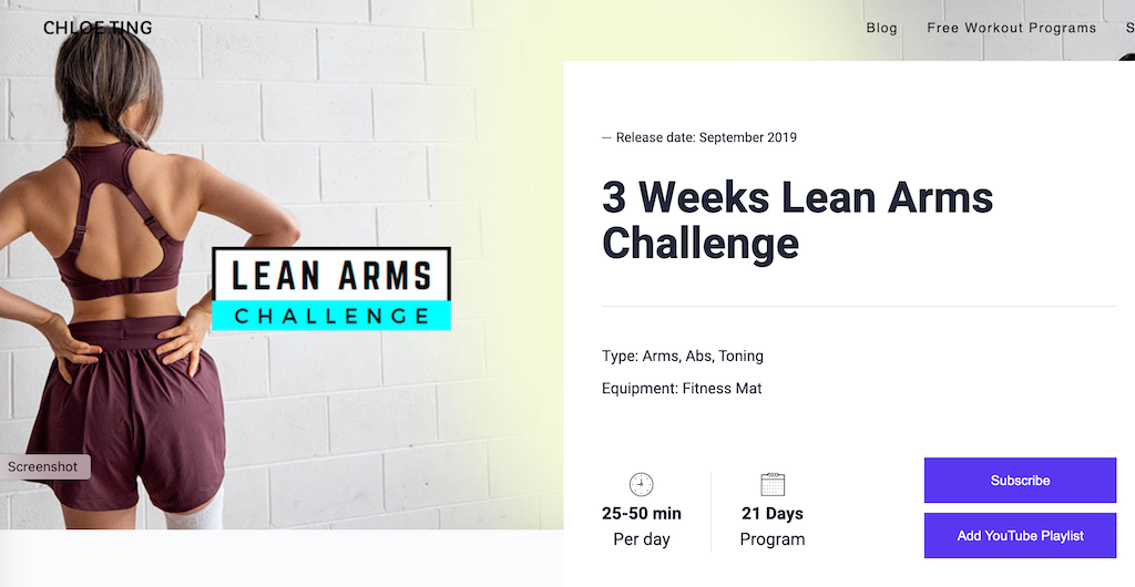 A picture of the Chloe Ting Lean Arms Challenge schedule