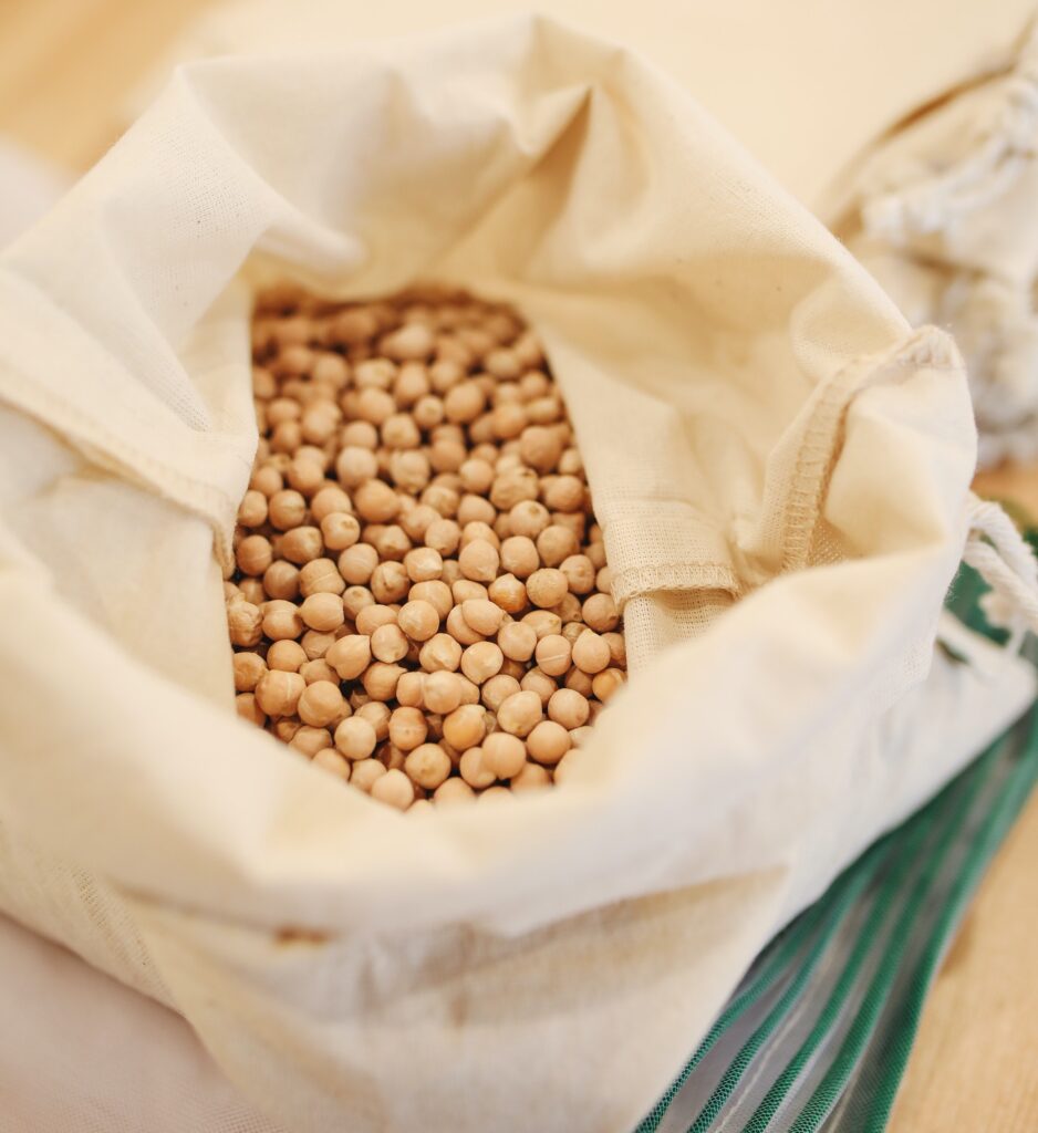 A picture of a bag of dry chickpeas from the bulk bins
