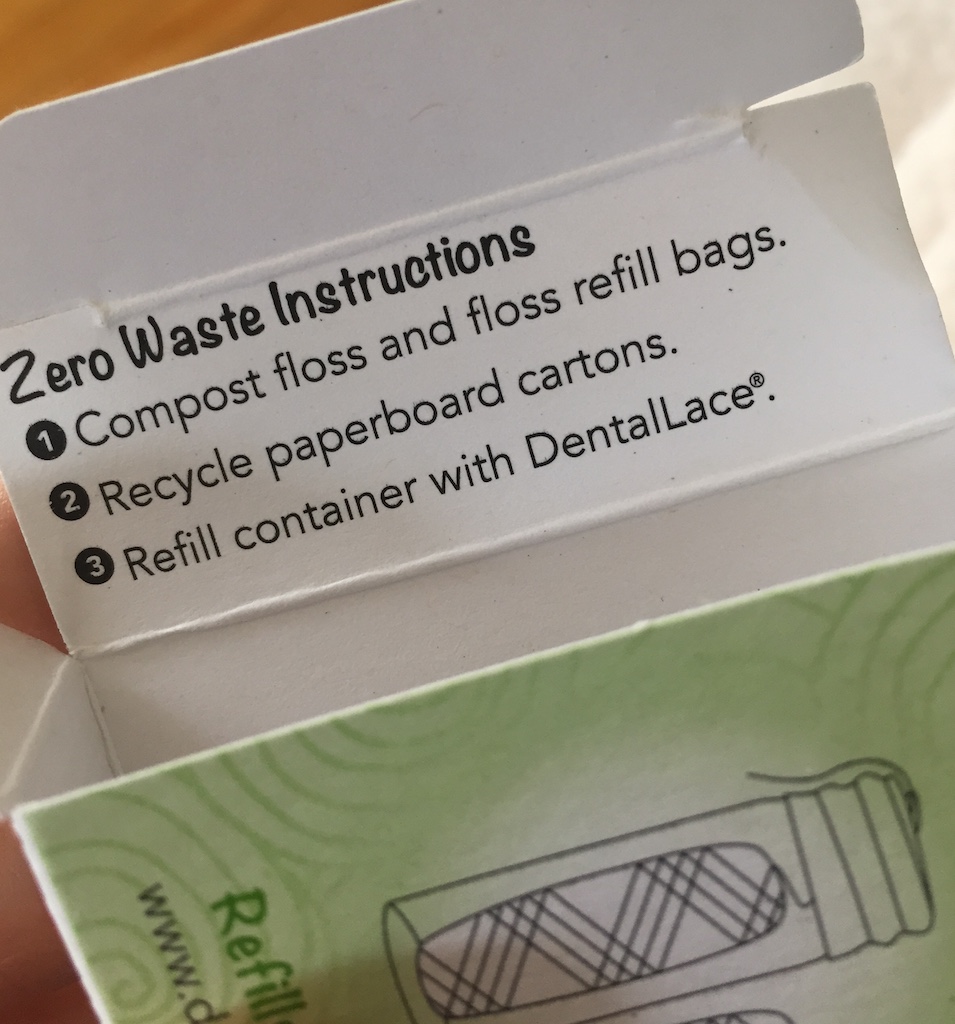 The recycling and reusing instructions on Dental Lace floss package