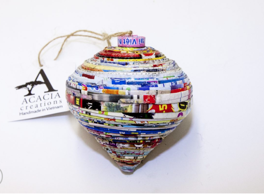 A picture of a recycled paper ornament handmade in Vietnam