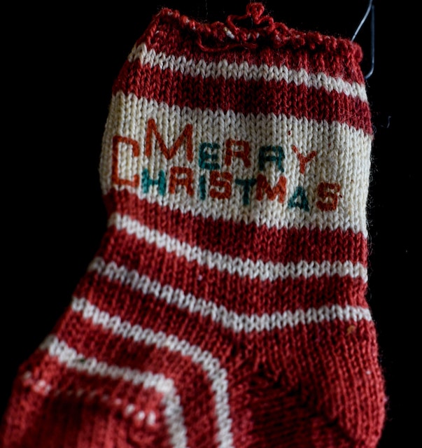 A picture of a knitted Christmas stocking