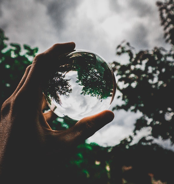 A picture of a hand holding a clear ball that is reflecting the forest around it to look like planet earth
