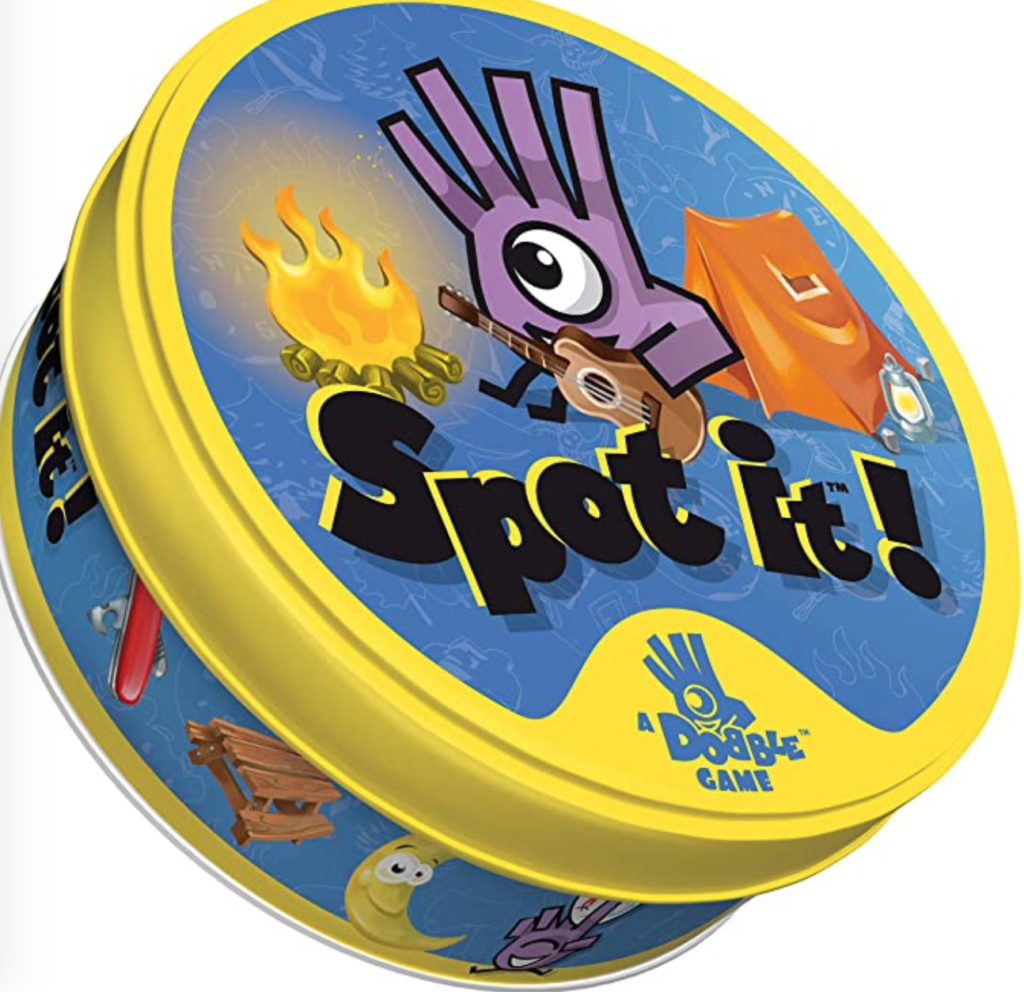 A picture of the game Spot it, in a metal tin