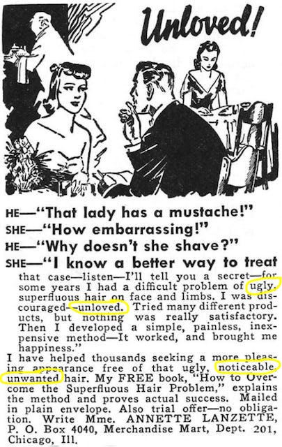 A picture of an old body hair ad, mentioning an unloved women who didn't shave
