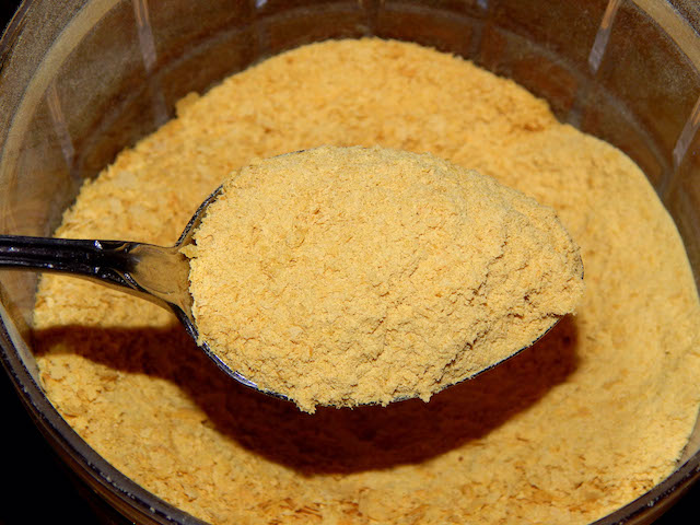A picture of spoonful of nutritional yeast