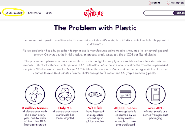 A picture of the sustainability section of the Ethique website, a good example of a brand that isn't greenwashing