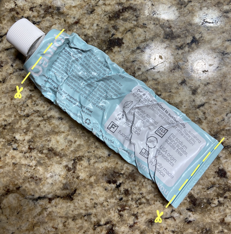 A picture of Davids toothpaste, where to cut when recycling