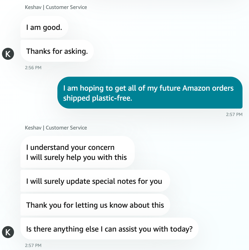 A picture of a chat with Amazon staff to get orders shipped plastic free