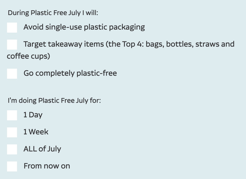 A picture of the Plastic Free July challenge sign up form