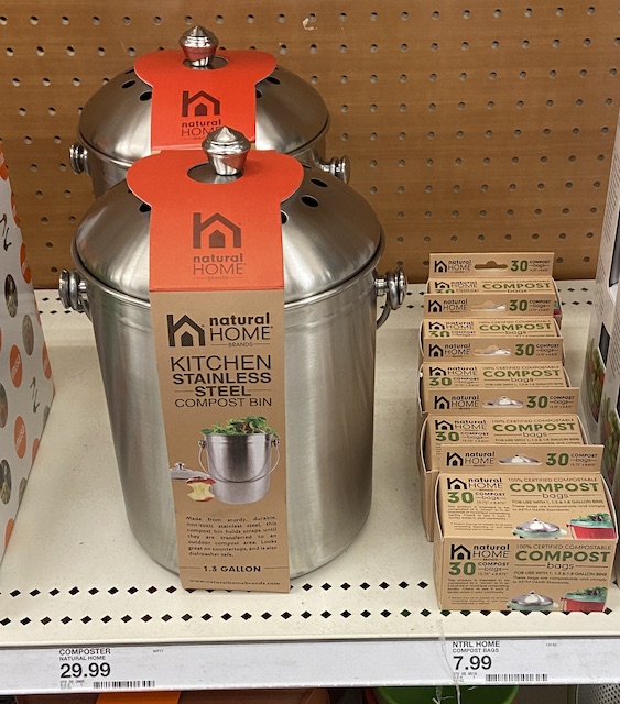 A stainless steel kitchen compost bin - a great eco-friendly product to buy at Target! 