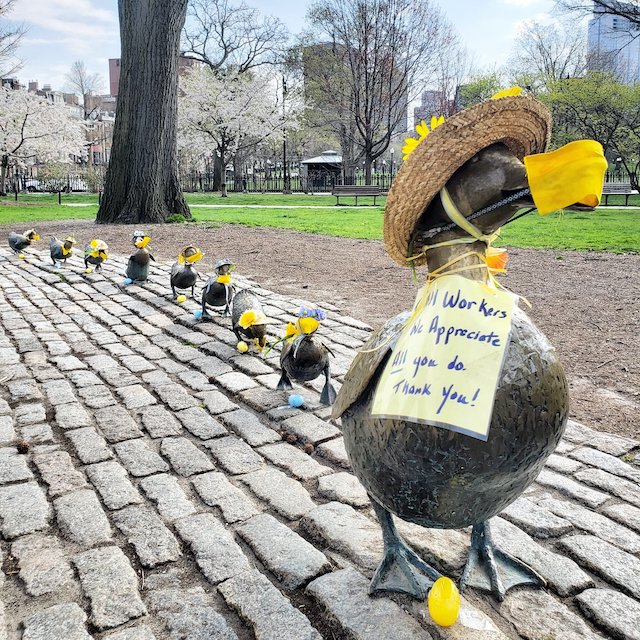 Make Way for Ducklings statue dressed up during COVID pandemic
