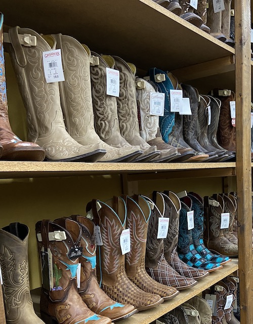 A picture of cowboy boots inside a boot store in Austin Texas